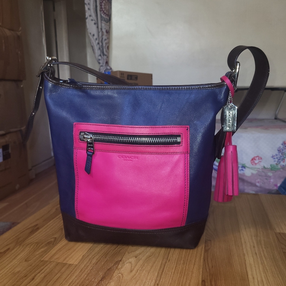 Coach Legacy Colorblock Leather Shoulder Tote Bag Blue Fuschia Black EUC